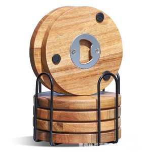 Solid Wood Coaster Bottle Opener Round Stainless Steel For Coffee Juice <b>Beer</b> - Product Image 5