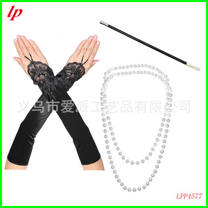 LPP4577 1920s <b>Gatsby</b> Party Gloves Pearl Necklace Set Women's Costume <b>Accessory</b> Black White Red - Product Image 1