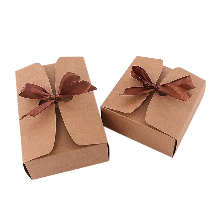 Caja de embalaje de papel Kraft con lazo de cinta, embalaje de regalo de Chocolate ecológico, barata, personalizada, venta al por mayor