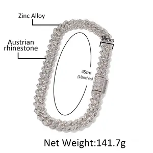 Trendy Electroplating 18mm Cuban Chain Men Rock Punk Full Diamond Hiphop Fashion Cuban Link Chain