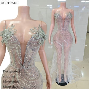 Robe de soirée Ocstrade scintillante argentée en maille transparente, ornée de cristaux 3D floraux, col en V profond, à lacets, avec sequins, pour bal de promo ou soirée formelle - Product Image 1