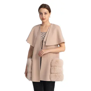 High Quality Short Sleeve Fur Vest Cashmere Wool Coats Women with Fox Fur