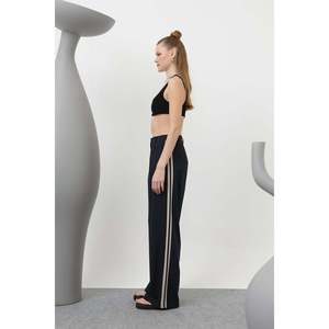 Soul Women's Elegant Navy-Beige Pleated Trousers with Decorative Trim, Comfortable Fit for Office and Daily Wear, Sizes S-XL - Product Image 4