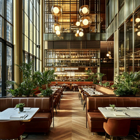 Ensemble de mobilier commercial Ron Group pour hôtel : table carrée en marbre, chaise en velours, banquette en cuir marron pour restaurant