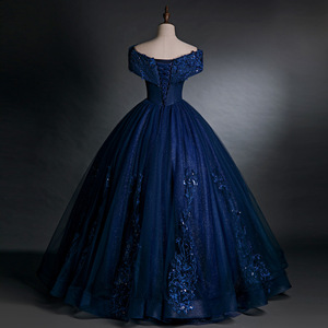 Navy Blue Off Shoulder Evening Gown Women Stage Performance Dress Solid Color Tutu Skirt Adult Size - Product Image 4
