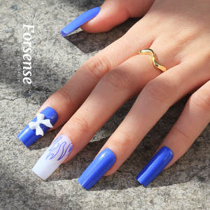 Vente en gros de faux ongles de luxe 3d faits à la main, fourniture de faux ongles longs et carrés avec nœuds, couleur bleu <span class=keywords><strong>royal</strong></span>, design flammé, pointes d'ongles - Product Image 2