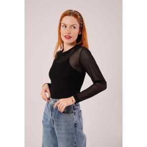 Blusa Básica de Tul Negro Transparente al por Mayor, con Logotipo Bordado, Estampado de Leopardo Disponible en Talla XL para Otoño, de Pana, Seda, Tejido de Punto - Product Image 2