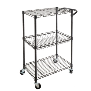 Chariot utilitaire en métal noir à 3 niveaux, chariot de rangement à roulettes avec poignée pour cuisine, restaurant, bureau, finition chromée - Product Image 1