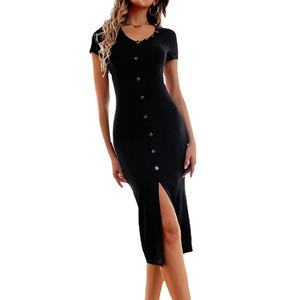 Vestido de punto negro liso personalizado al por mayor, nuevo, ajustado, con abertura, estilo temperamental para el día a día - Product Image 1