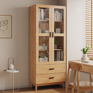 Shulin Furniture <b>Solid</b> <b>Wood</b> <b>Bookcase</b> With Glass Doors Modern Minimalist Style Study Storage Cabinet For Home Office - Product Image 2
