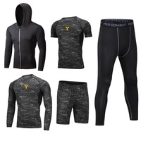Ensemble de sport cinq pièces pour homme, couleur unie, séchage rapide, manches longues, en soie de lait, élasthanne et polyester, pour le fitness