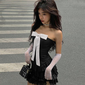 French Girl Style <b>Black</b> Bow <b>Corset</b> Strapless <b>Dress</b> Women Mesh Cake Mini <b>Dress</b> Slim Waist Romantic Summer Party - Product Image 4