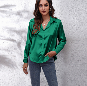 Chemisier Élégant <span class=keywords><strong>Femme</strong></span> S-XXL en Satin Rouge Vin, <span class=keywords><strong>Col</strong></span> Rabattu, Manches Longues, Blouse Formelle de Bureau OL, Hauts Féminins Automne - Product Image 1