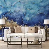 Blau-Gold Marmor Abstrakte Tuschegrafik Wandbild Luxuriöse Goldene Ader Tapete Wohnzimmer TV-Hintergrund Wanddekoration