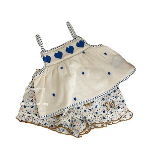 Girls Summer Outfit Set Cotton Linen Dress With Blue Hearts And Floral Shorts Sizes 80 90 100 110 120 130 140 - Product Image 1
