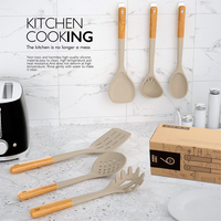 Ensemble d'ustensiles de cuisine écologiques HYRI, luxe, facile à nettoyer, ensemble de 6 ustensiles en silicone alimentaire avec manche en bois