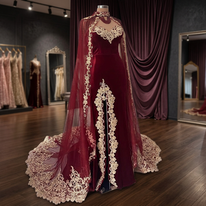 Elegant <b>Burgundy</b> <b>Velvet</b> Evening Gown Lace Applique Watteau Train Strapless Neck Sleeveless Sheath <b>Dress</b> Empire Mermaid Prom - Product Image 2