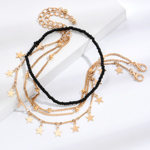 Tobillera de estilo bohemio transfronterizo europeo y americano, de aleación con cuentas de semillas, letras y estrella de cinco puntas, juego de tres piezas. - Product Image 2