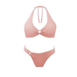 2025 Venta caliente Sexy Color sólido Bikini conjunto de moda triángulo superior corazón decoración <span class=keywords><strong>push</strong></span>-up sujetador cintura alta parte inferior 2 piezas traje de baño conjunto - Product Image 2