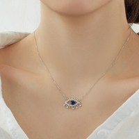 Dylam Collier classique en argent 925 à maillons de chaîne personnalisé avec yeux de diable bleu porte-bonheur Colliers à pendentifs en zircon cubique pour femmes