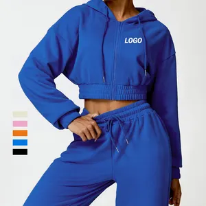 Cropped Zip Up hoodie sudaderas Para mujer phụ nữ quá khổ Tracksuit phụ nữ cotton nặng Hoodie và mồ hôi quần đặt