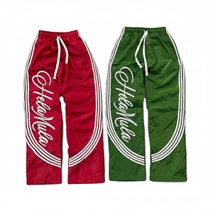 Pantalones de chándal de nailon Unisex con logotipo personalizado, pantalones de chándal cortavientos holgados a la moda con rayas curvas para hombre, pantalones de nailon de pierna ancha de talla grande - Product Image 1