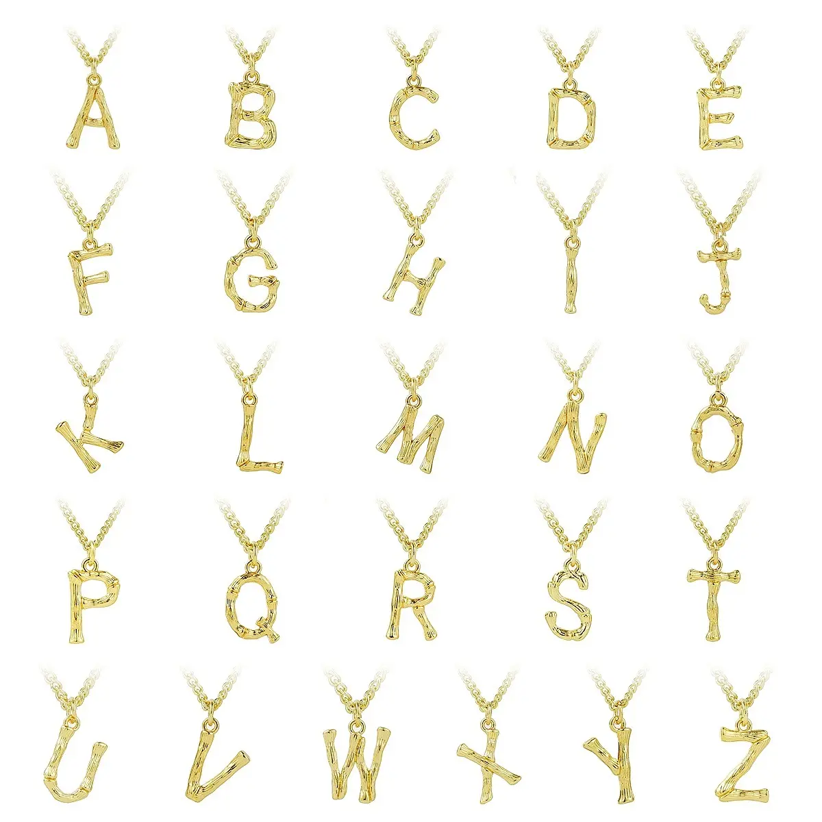 Colgante con forma de bambú chapado en oro para mujer, 26 letras del alfabeto, A-Z, collar de joyería