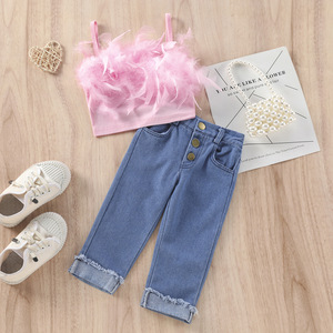 Vêtements pour bébé d'automne, t-shirt à bretelles, pantalon en jean, ensemble de 2 pièces, tenue tendance pour filles - Product Image 2