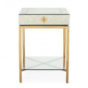 Jonathan Adler <strong>Antique</strong> Mirrored <strong>Bedside</strong> <strong>Table</strong> with Drawer Gold Metal Base Glass Layer Nightstands Modern Bedroom Side Cabinets - Product Image 2