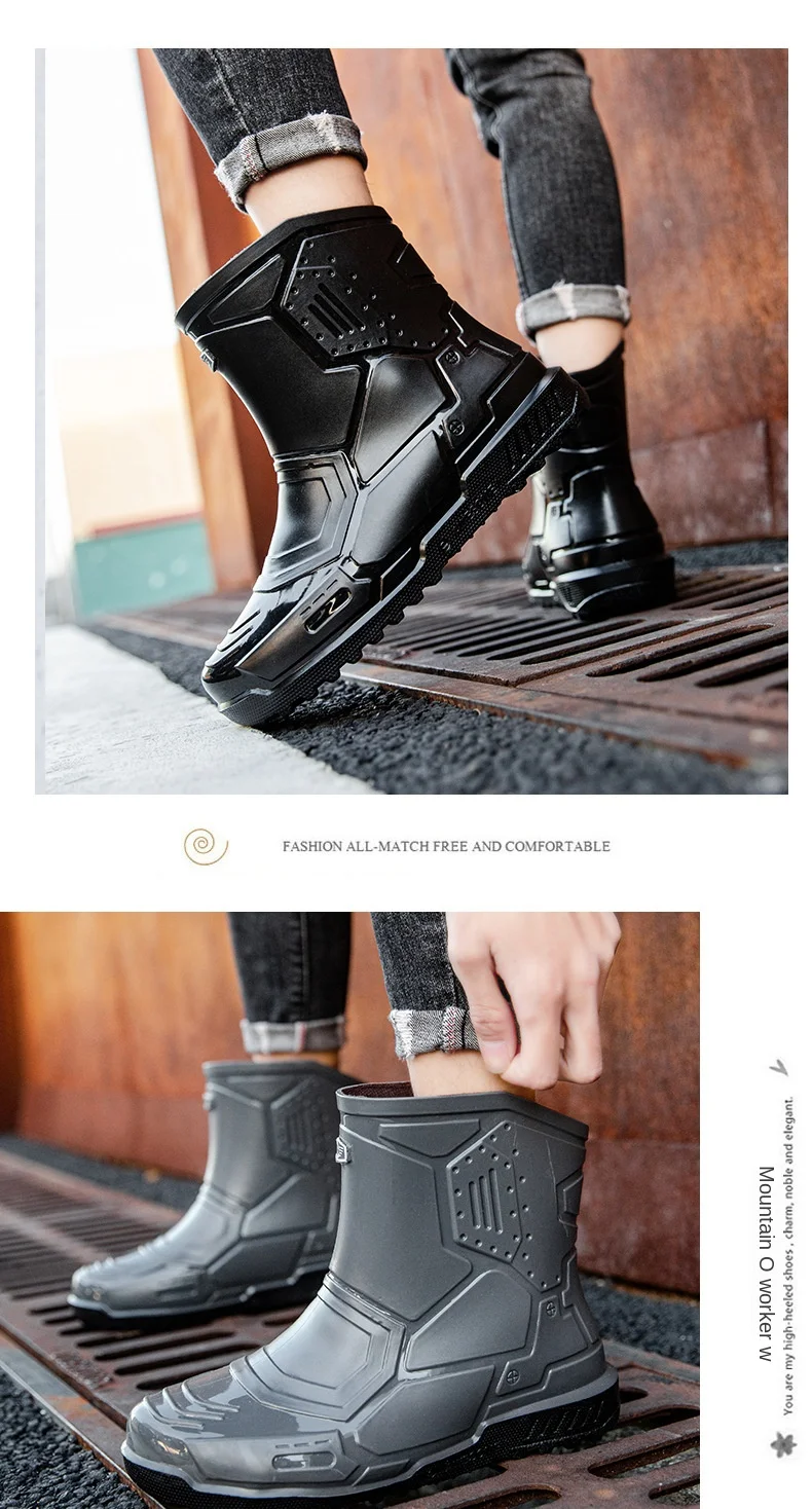 Mid-calf Fashion Men Outdoor Work Shoes Rain Boots Low Heel Kitchen Waterproof Rain Shoes