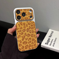 Coque intégrale antichoc en cuir texturé avec imprimé léopard brillant et grande fenêtre pour iPhone 16 Pro Max 15 Plus avec protection d'objectif