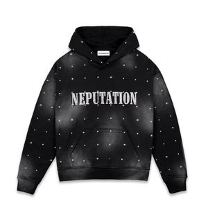 Sweat à capuche surdimensionné en molleton de coton 100% noir uni avec lavage à l'acide et strass Y2K, impression en relief - Product Image 4