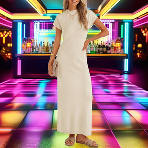 Robe longue en tricot simple avec col montant et manches courtes, coupe ajustée, couleur unie, décontractée, pour tous les jours, toutes saisons - Product Image 2