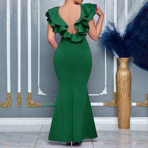 Nieuwste ontwerp zomer bescheiden elegante V-hals spleet gerimpelde zeemeermin lange gala-avondjurken Afrikaanse bruiloft feestjurken voor vrouwen - Product Image 5