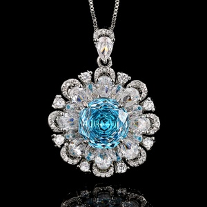 Elegant Fashion Eco-friendly Copper 12-10MM Sea Blue Zircon Floral Pendant <b>Earrings</b> Set Women's Bridal Jewelry Set for Women - Product Image 4