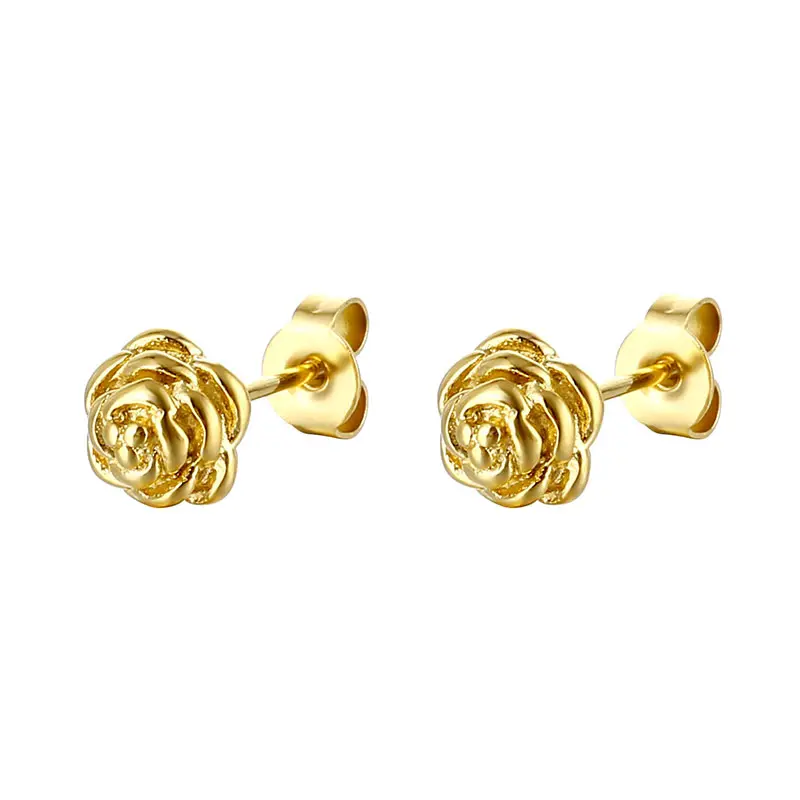 Gioielli in acciaio inossidabile placcato oro 18 carati personalizzati all'ingrosso eleganti orecchini a bottone con fiore di rosa per le donne