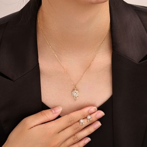 Ensemble boucles d'oreilles et collier fleur perle scintillante en alliage de cuivre serti griffe, cadeau bijoux femme mode luxe - Product Image 2
