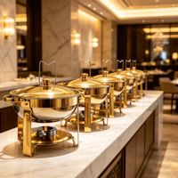 FLEY 4.5L Wadah Pemanas Makanan Bulat Stainless Steel untuk Prasmanan Hotel, Pernikahan, dan Katering