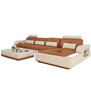 Produk Terbaru Kulit Asli 5 Sofa Set Kayu Bingkai Mewah L Bentuk Sofa