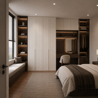Armoire avec portes encadrées ivoire chaud, sections de présentation en bois fumé et meuble-lavabo