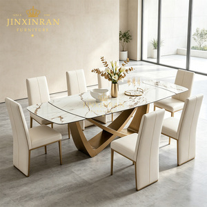 Table à manger rectangulaire moderne de luxe en marbre, 6 places, avec structure en acier inoxydable doré, imperméable et durable, pour salle à manger - Product Image 2