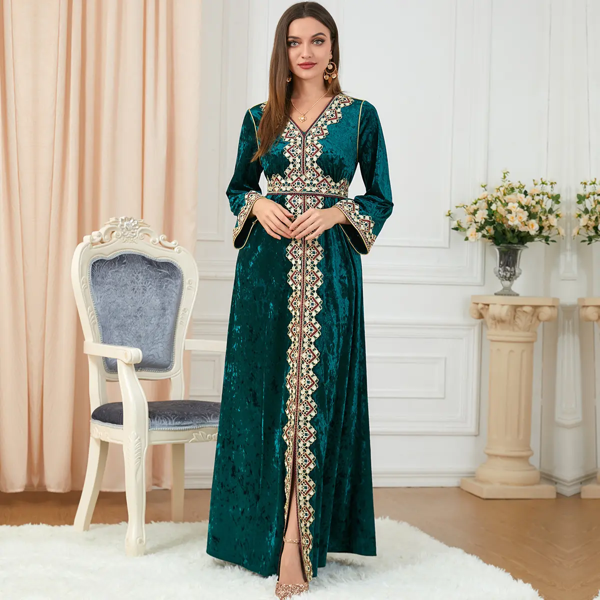 Abaya – robe à manches longues et col en v pour femme, tenue de soirée de luxe, Kaftan marocain, dubaï