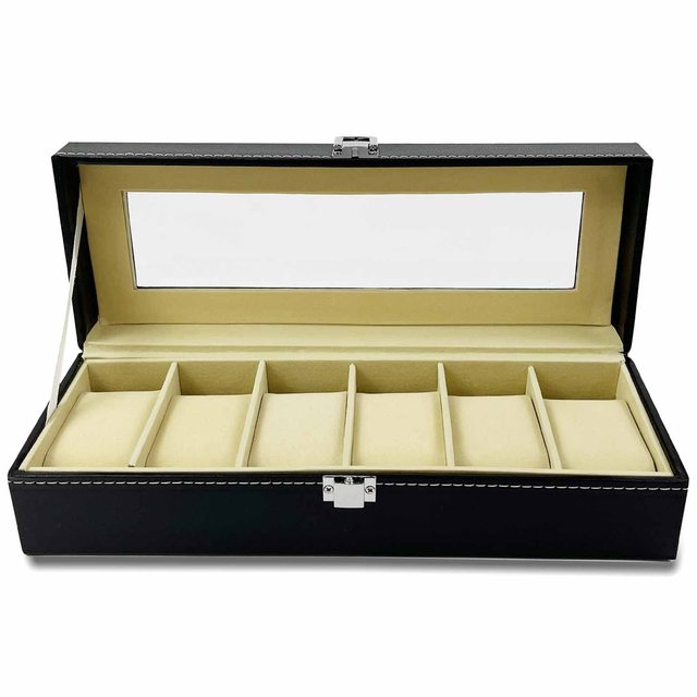 6 Slots Watch Jewelry Display Case Leather Watch Storage Organizer with Soft Pillow Watch Box with Visible Window