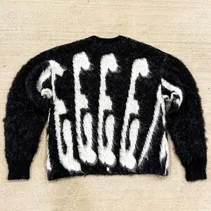 Kustom Logo disikat Mohair wol merajut Jacquard Fuzzy rajutan jaket Pullover pria Fuzzy Mohair Blend Sweater
