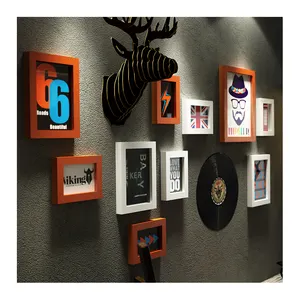 Galería pared madera 3d marco de fotos set con soporte de ciervo y disco de vinilo