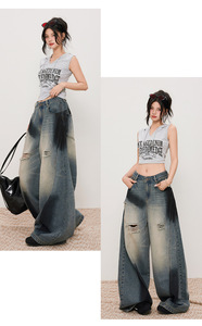 Nuevos pantalones anchos de cintura alta con corte de cimitarra, holgados, con costuras de desestructuración, agujeros y efecto pintado con aerosol, estilo vaquero envejecido para <span class=keywords><strong>hombre</strong></span> y mujer - Product Image 5