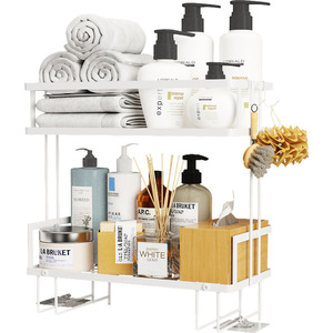 Étagère murale autocollante à chaud <span class=keywords><strong>pour</strong></span> salle de bain, à placer au-dessus des toilettes, étagère à 2 niveaux, gain de place, étagères de salle de bain avec crochets - Product Image 3