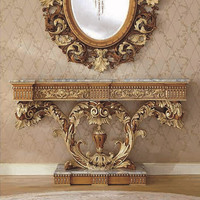 Table console en bois massif sculpté de luxe française, style européen, table de hall d'entrée, miroir pour salon ou hôtel, villa, style palais