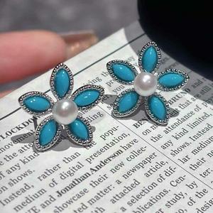 New Spring/Summer Trendy <strong>Stud</strong> <strong>Earrings</strong> Fresh <strong>Blue</strong> Turquoise Freshwater Pearl Platinum Plated Small Flower Design for Women's - Product Image 3