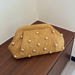 Fashion Women's Woven <b>Straw</b> Handbag Chain Crossbody Shoulder <b>Bag</b> with Rivet Decoration - Product Image 2